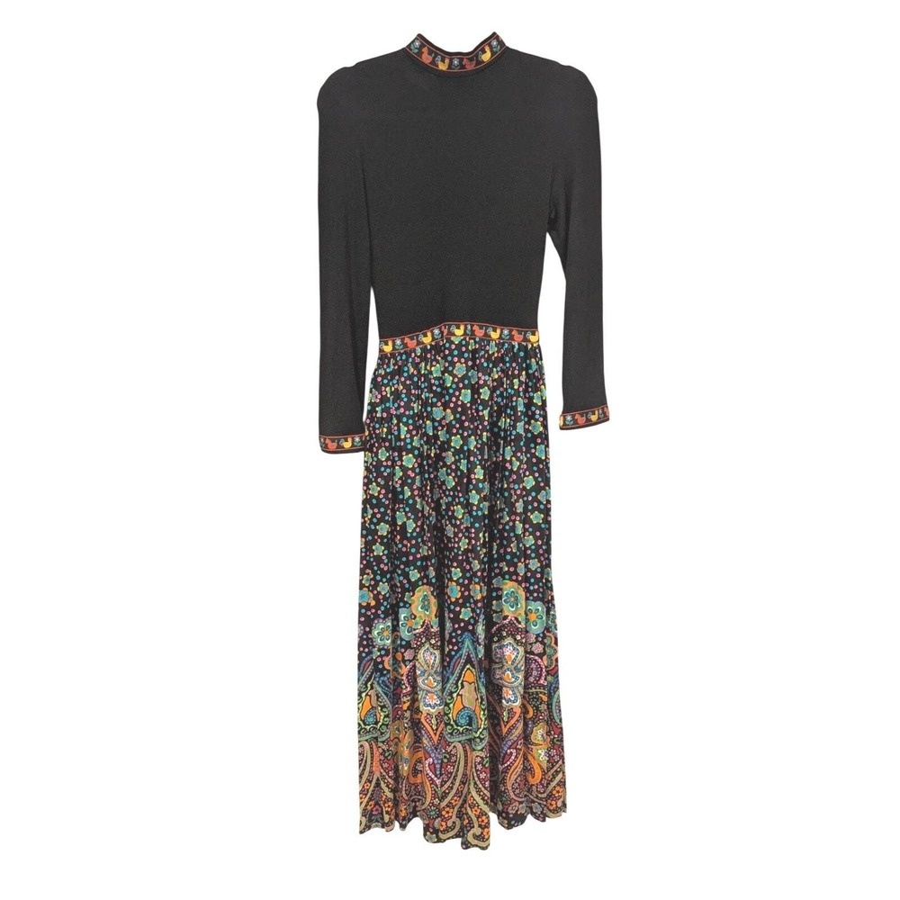 Melissa Lane Black Floral Rooster Folk Art Midi Dress Size 8 Chic 90s Boho Party - Picture 2 of 11